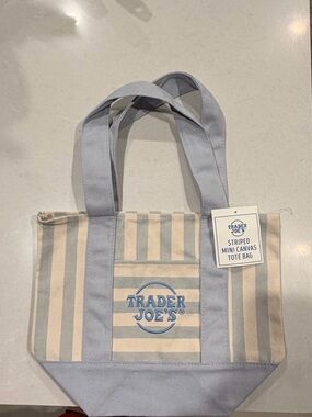 Trader Joe's Striped Mini Canvas Tote Bag in Light Blue and Cream